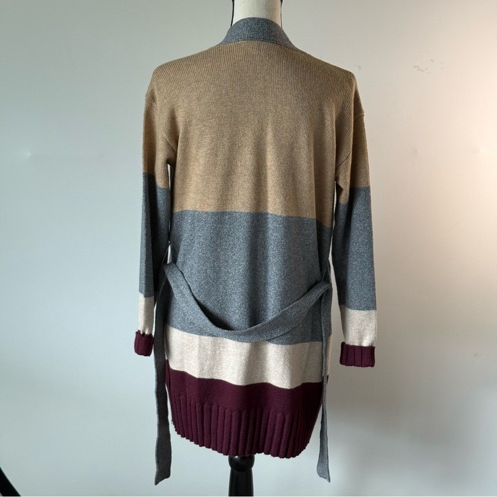 LOFT Women's Belted long Cardigan Gray Tan Burgundy Soft Cotton XS like new